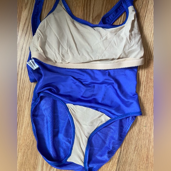 Vintage Cobalt Blue One-Piece Swimsuit (XL) with Striped Ribbed Fabric - Picture 3 of 10